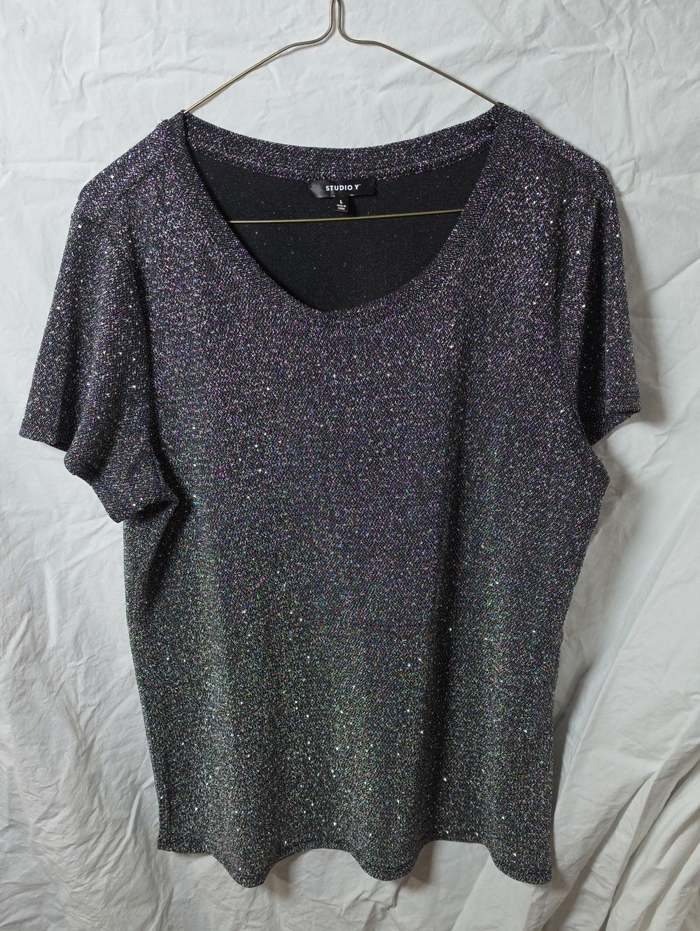 Studio Y Iridescent Black Short-Sleeve Scoop Neck Sparkle Top